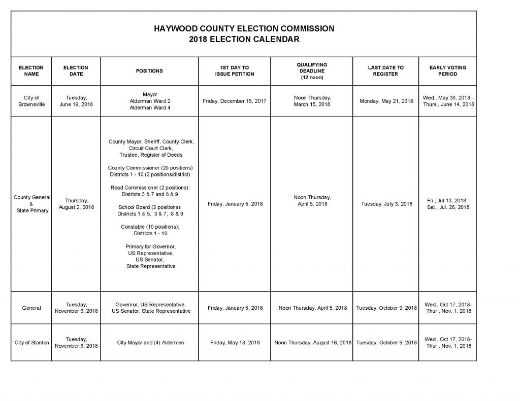 2018 Election Calendar | Haywood County Election Commission 2018 Election Calendar | Haywood County Election Commission